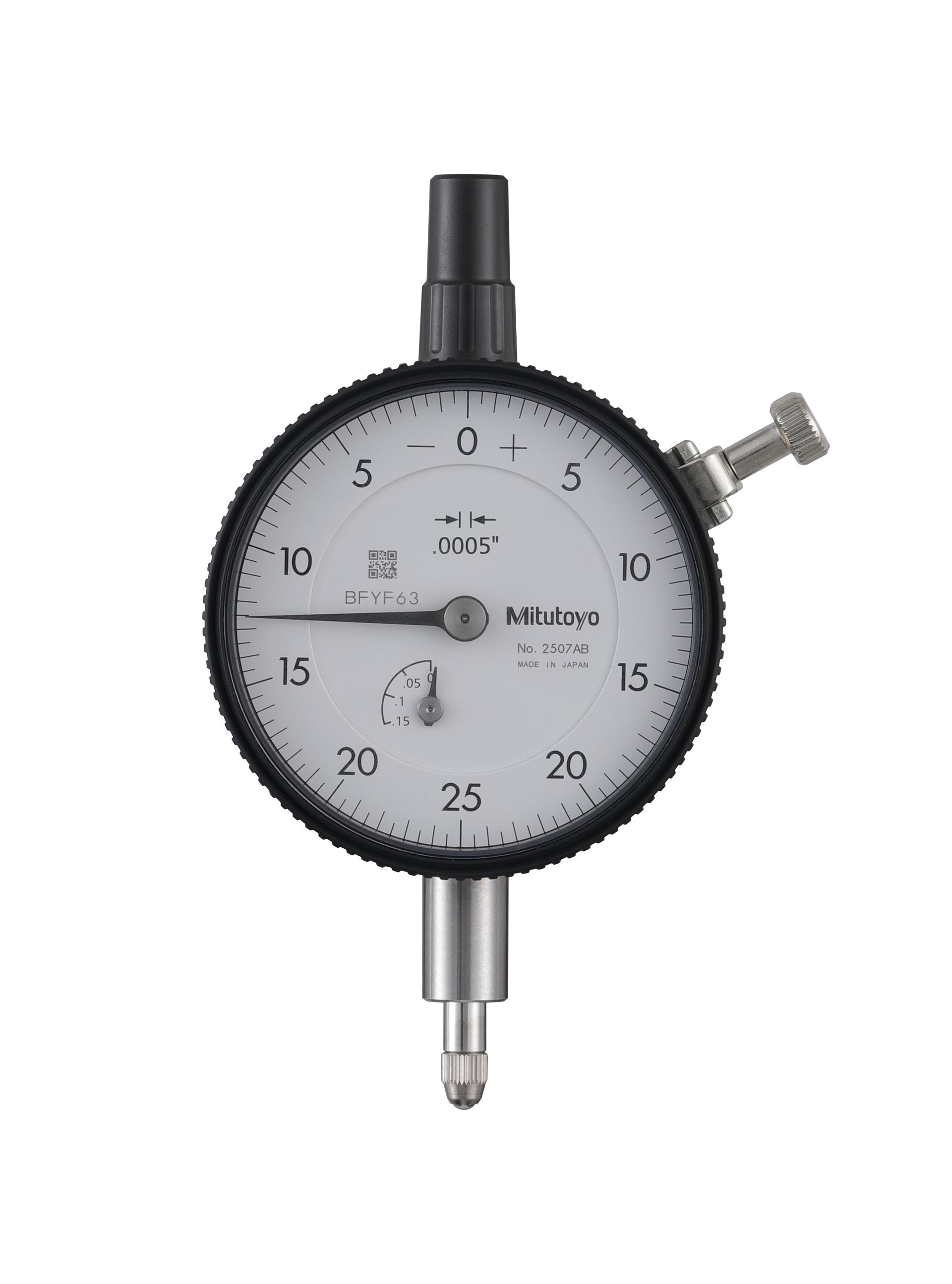 Mitutoyo, 2507AB, .0005 In, .125 In/(.05 In per rev), Dial Indicator, 0-25-0, Flat Back, 3/8 In stem, Series 2