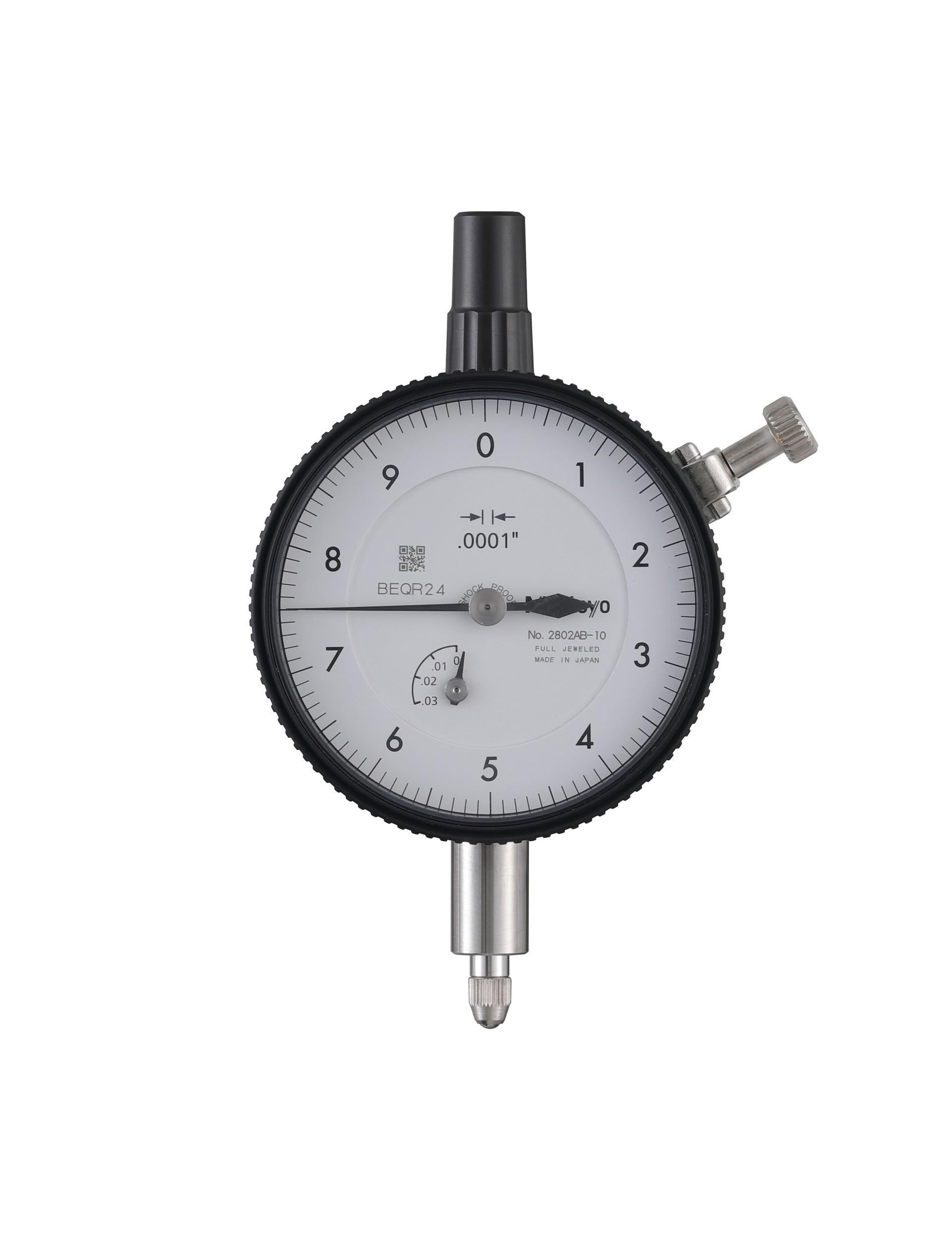 Mitutoyo, 2802AB-10, .0001 In, .025 In/(.01 In per rev), Dial Indicator, 0-10, Flat Back, 3/8 In stem, Series 2, Shockproof, Jeweled