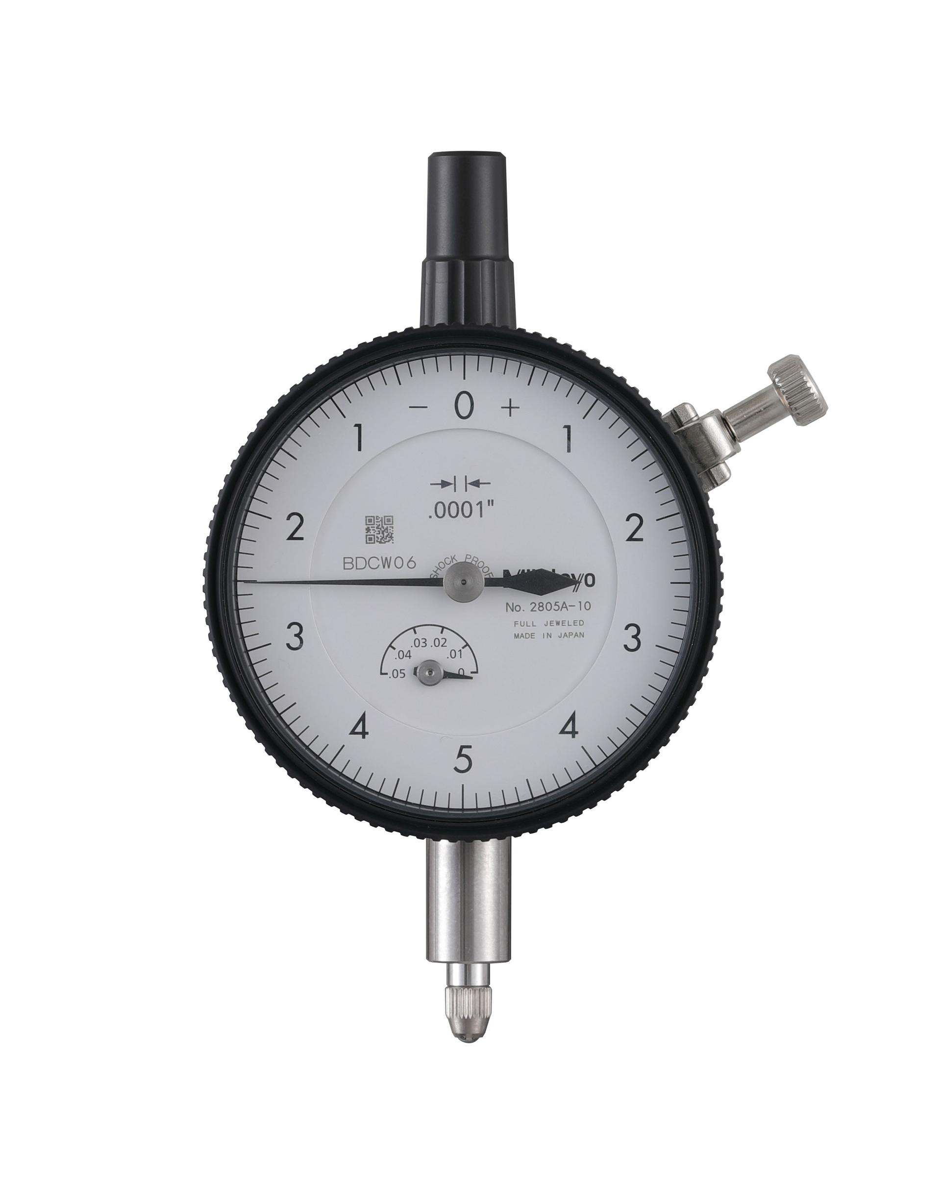Mitutoyo, 2805A-10, .0001 In, .05 In/(.01 In per rev), Dial Indicator, 0-5-0, Lug Back, 3/8 In stem, Series 2, Shockproof, Jeweled