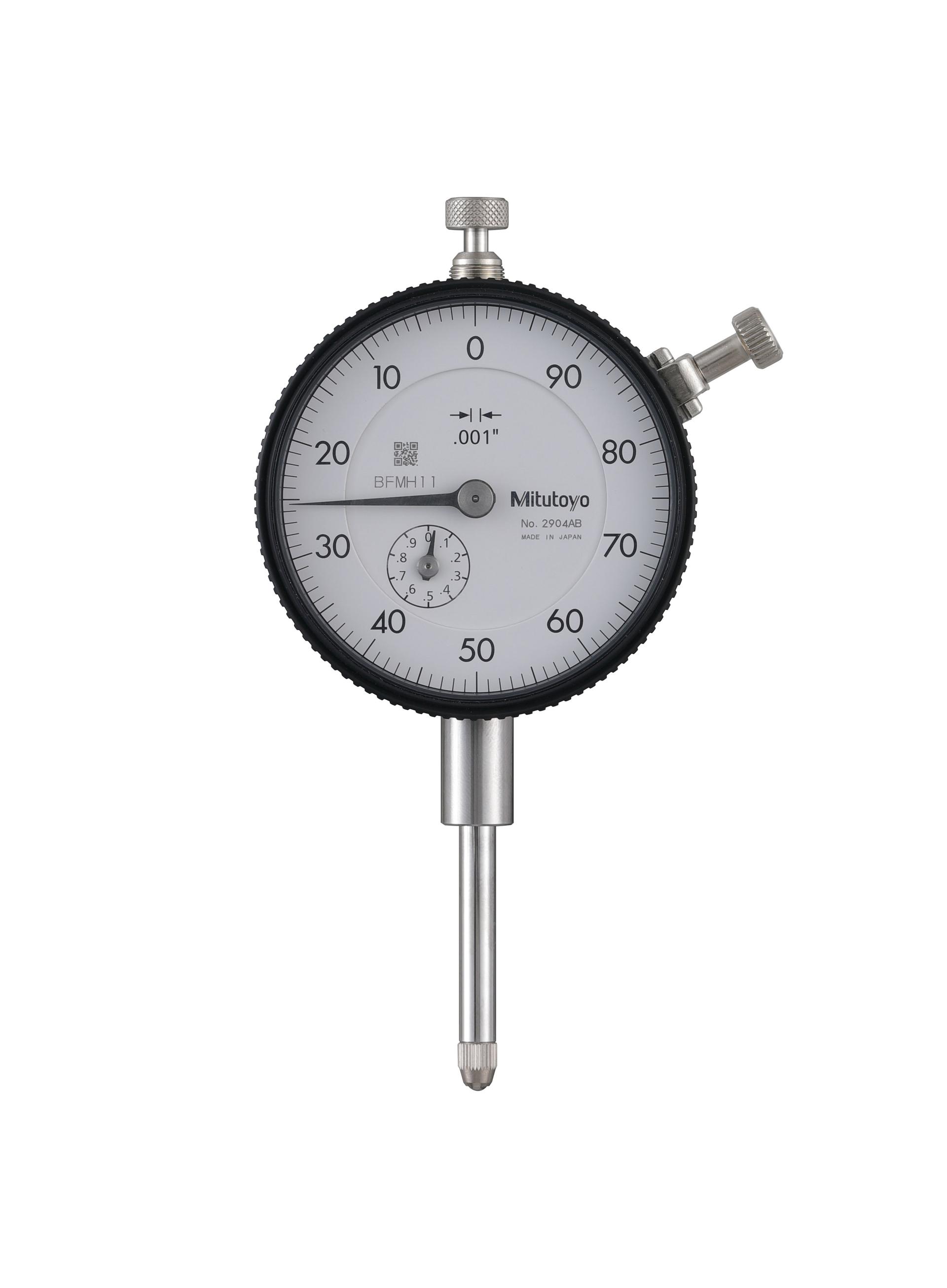 Mitutoyo, 2904AB, .001 In, 1 In/(.1 In per rev), Dial Indicator, 100-0, Flat Back, 3/8 In stem, Series 2, Reverse Read