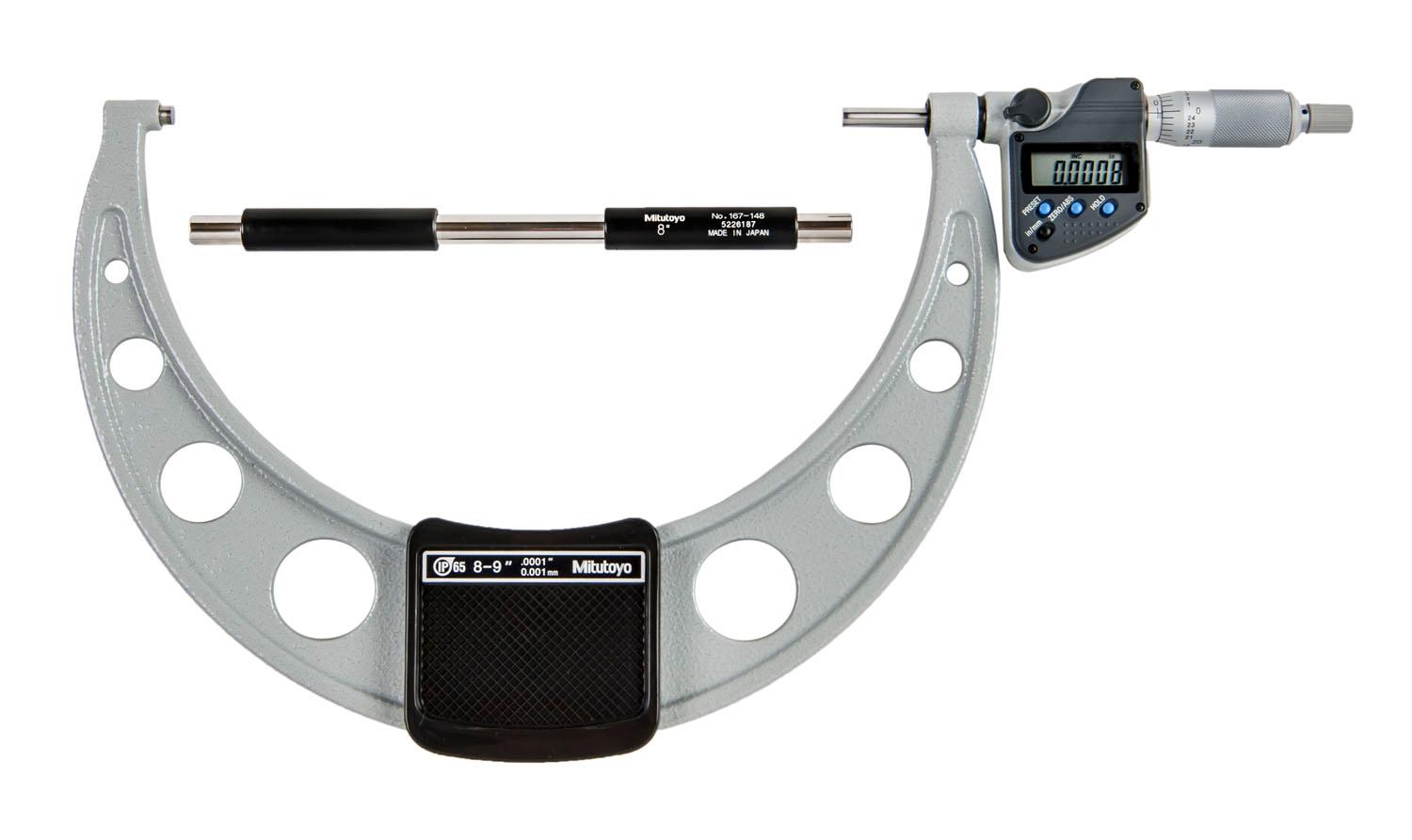 Mitutoyo, 293-354-30, 8-9 In/203.2-228.6mm, .0001 In/0.001mm IP65 Digimatic Outside Micrometer, With SPC Data Output, Ratchet Stop, With Standard