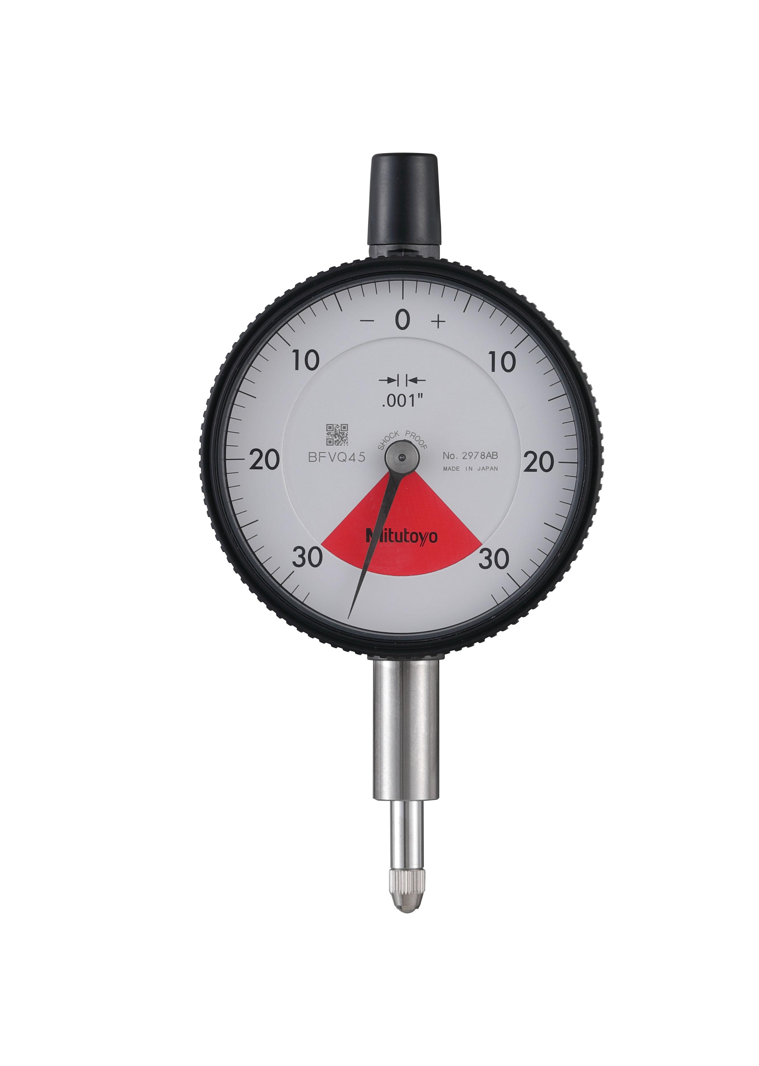 Mitutoyo, 2978AB, .001 In, .06 In/.079 In  Dial Indicator, 30-0-30, Flat Back, 3/8 In stem , Series 2, One Rev, Shockproof, Dustproof