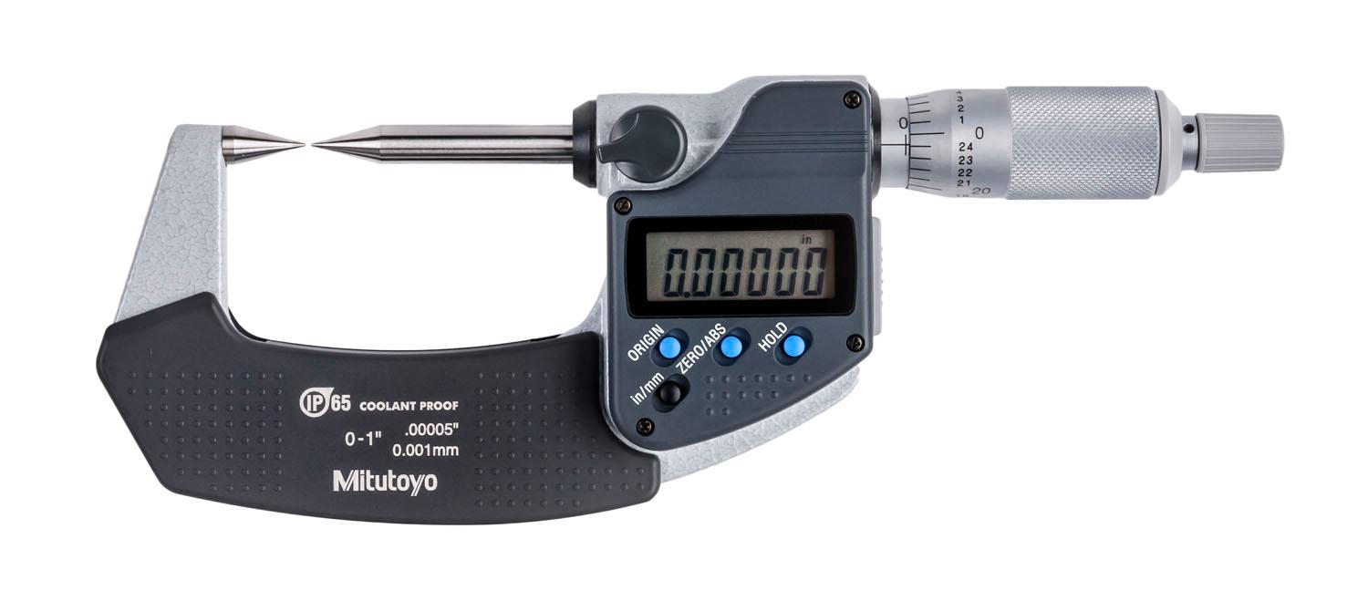 Mitutoyo, 342-361-30, 0-1 In/0-25.4mm, .00005 In/0.001mm Digimatic Point Micrometer, 30 Degree Point, With SPC Data Output, Ratchet Stop