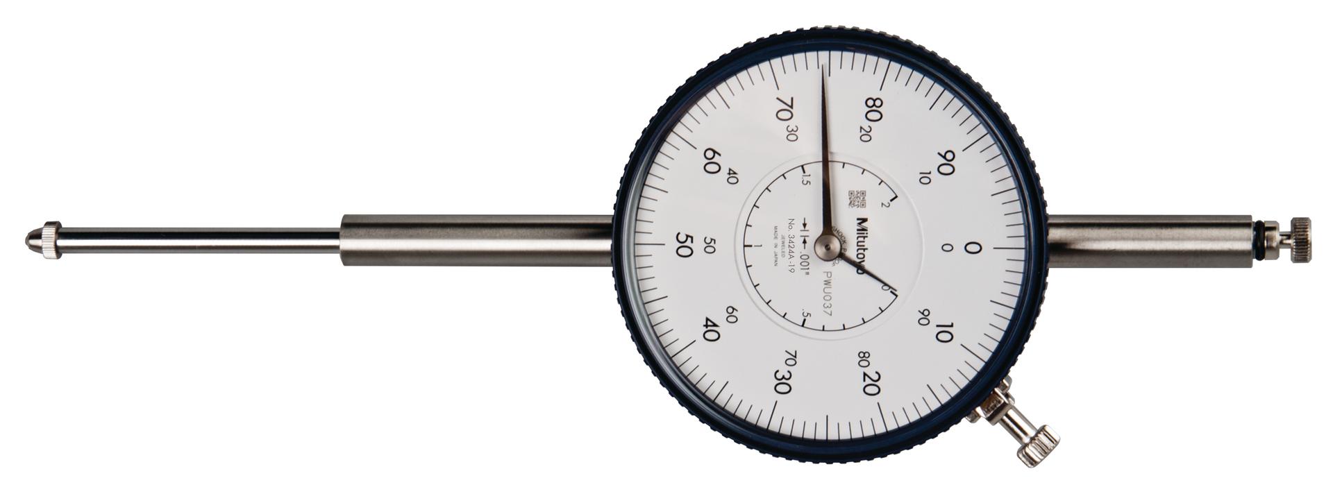 Mitutoyo, 3424A-19, .001 In, 2 In/(.1 In per rev), Dial Indicator, 0-100, Lug Back, 3/8 In stem, Series 3, Shockproof, Jeweled
