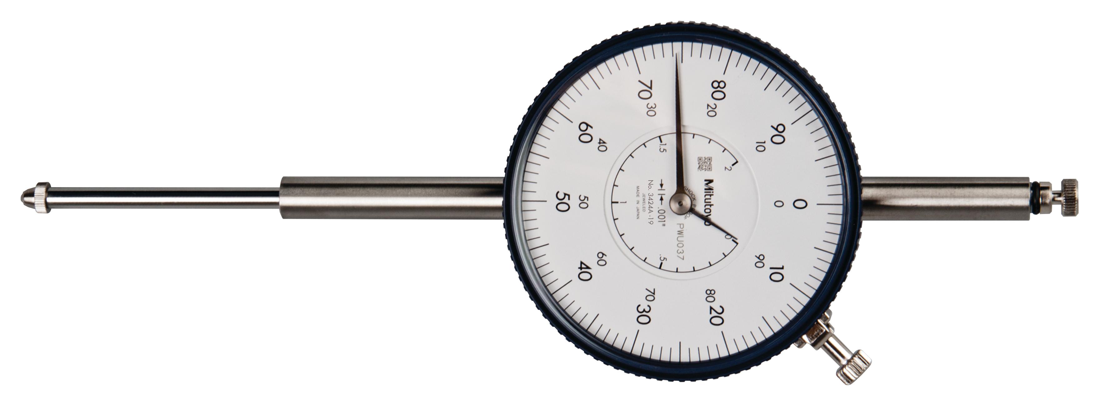 Mitutoyo, 3424A-19, .001 In, 2 In/(.1 In per rev), Dial Indicator, 0-100, Lug Back, 3/8 In stem, Series 3, Shockproof, Jeweled