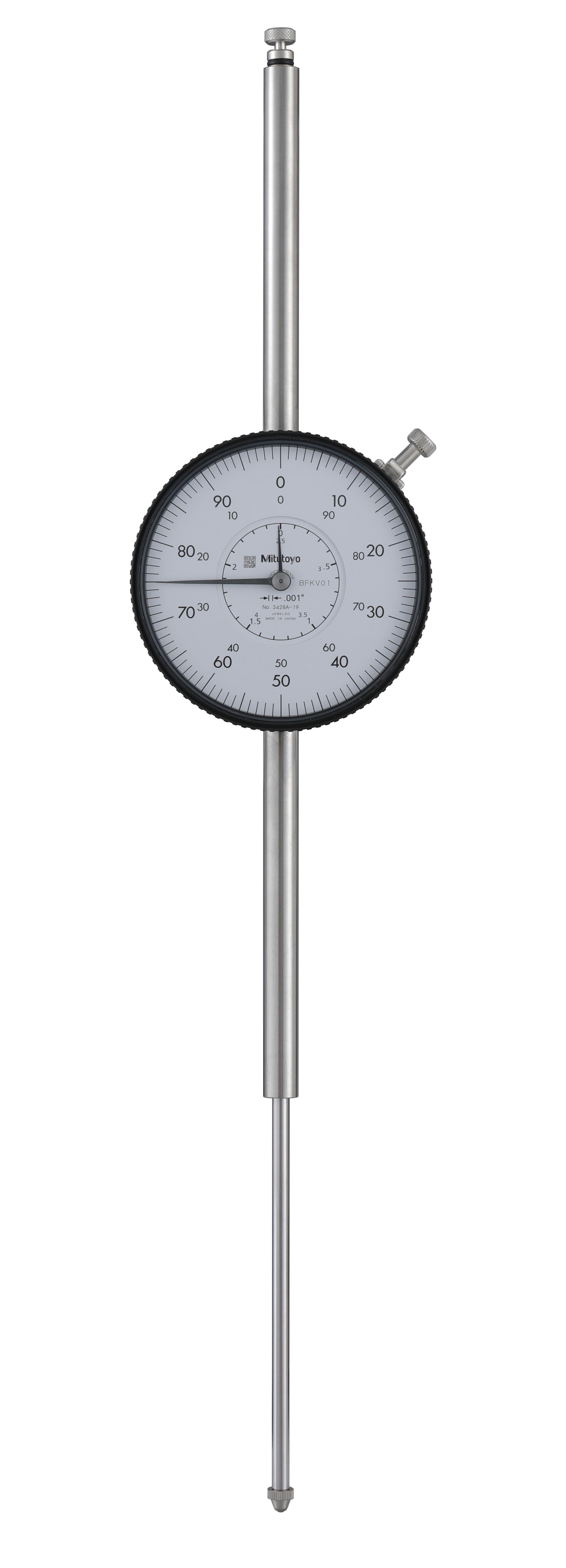 Mitutoyo, 3428A-19, .001 In, 4 In/(.1 In per rev), Dial Indicator, 0-100, Lug Back, 3/8 In stem, Series 3, Shockproof, Jeweled