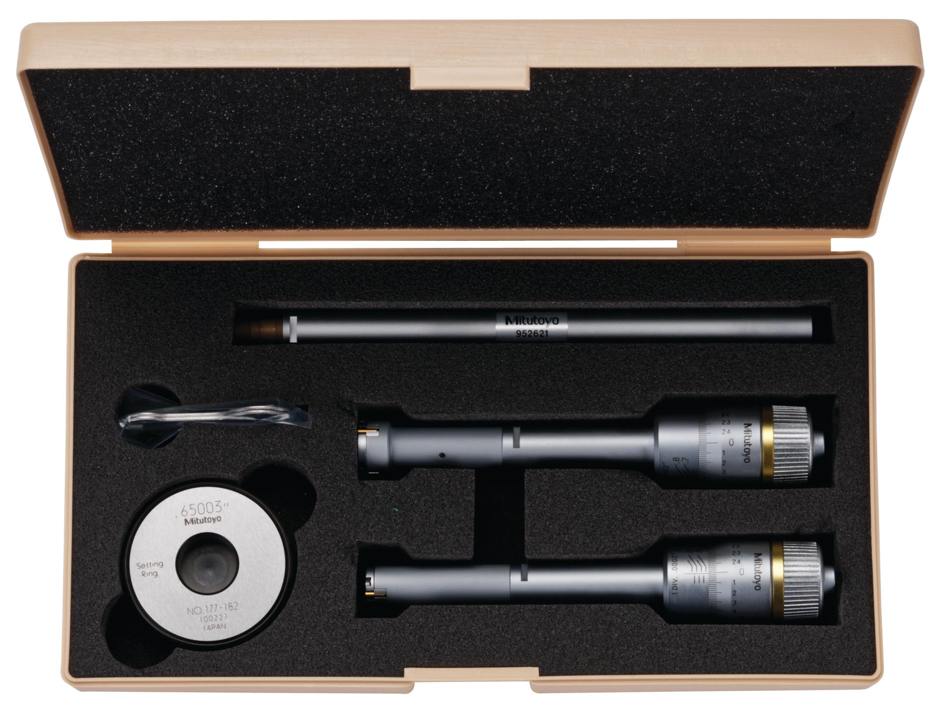 Mitutoyo, 368-917, Holtest, 3-point/2-point internal micrometer, .5-.8 in range, .5-.65 in,.65-.8 in, .65in diameter, with extension rod and TiN-coated contact points