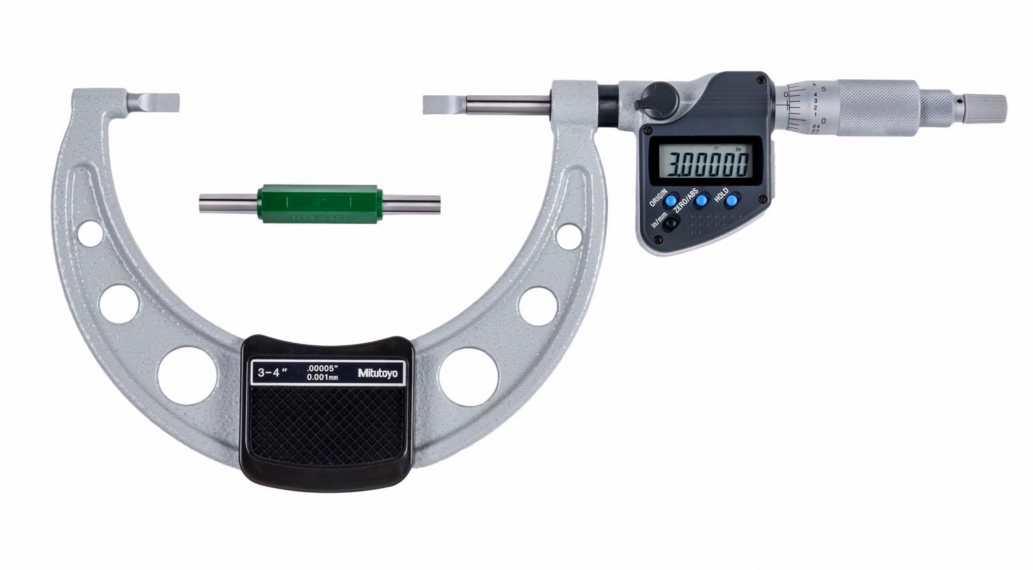 Mitutoyo, 422-333-30, 3-4 In/76.2-101.6mm, .00005 In/0.001mm Digimatic Blade Micrometer, .75mm Blade Thickness, Non-Rotating Spindle, With SPC Data Output, Ratchet Stop