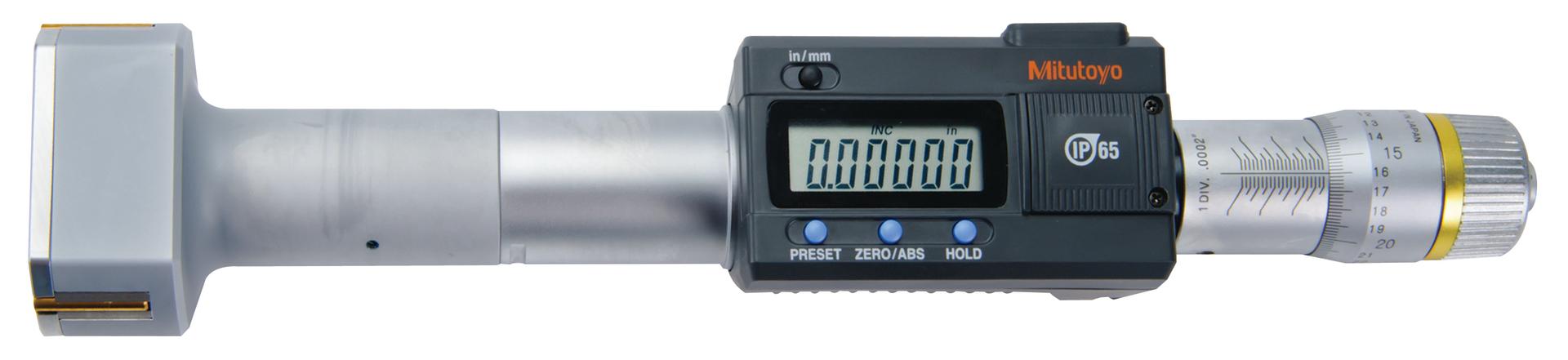 Mitutoyo, 468-270, 2-2.5 In/50.8-63.5mm, .00005 In/0.001mm, Digimatic Holtest, Titanium Nitride Coated Contact Points, With SPC Output, Ratchet Stop