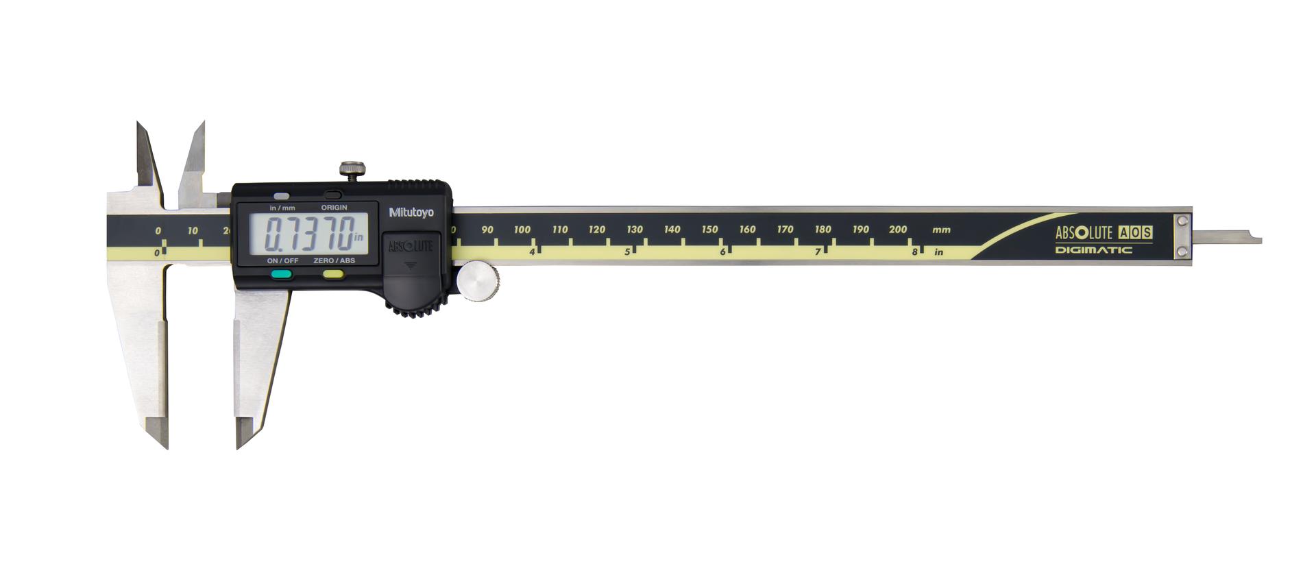 Mitutoyo, 500-164-30, 0-8 In/200mm, .0005 In/0.01mm ABSOLUTE AOS Digimatic Caliper, No Output, Carbide OD/ID Jaws