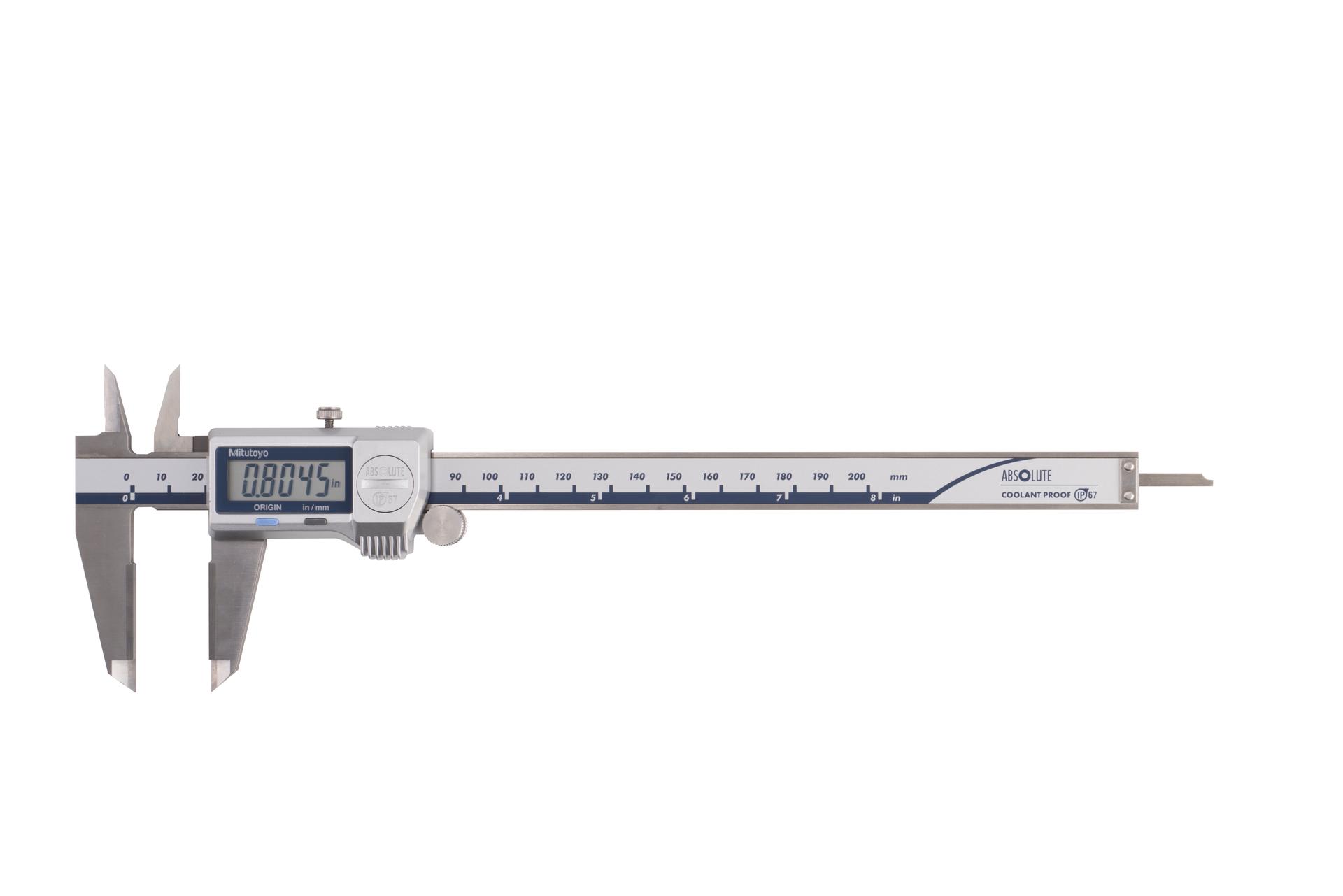 Mitutoyo, 500-732-20, 0-8 In/0-200mm, .0005 In/0.01mm, IP67 Absolute Coolant Proof Caliper, Carb OD tip jaws, No Output