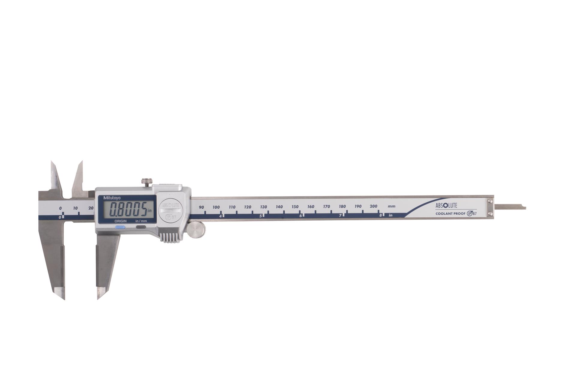 Mitutoyo, 500-736-20, 0-8 In/0-200mm, .0005 In/0.01mm, IP67 Absolute Coolant Proof Caliper, Carb OD tip jaws, With Output