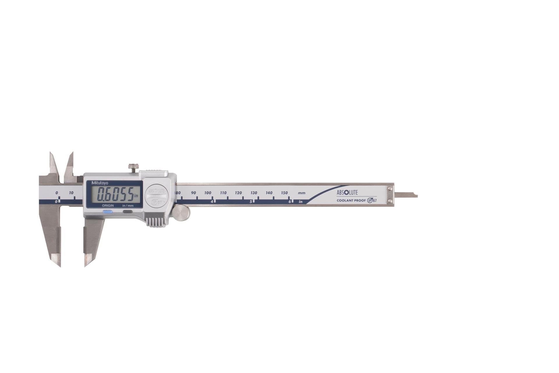 Mitutoyo, 500-737-20, 0-6 In/0-150mm, .0005 In/0.01mm, IP67 Absolute Coolant Proof Caliper, Carb OD/ID tip jaws, With Output
