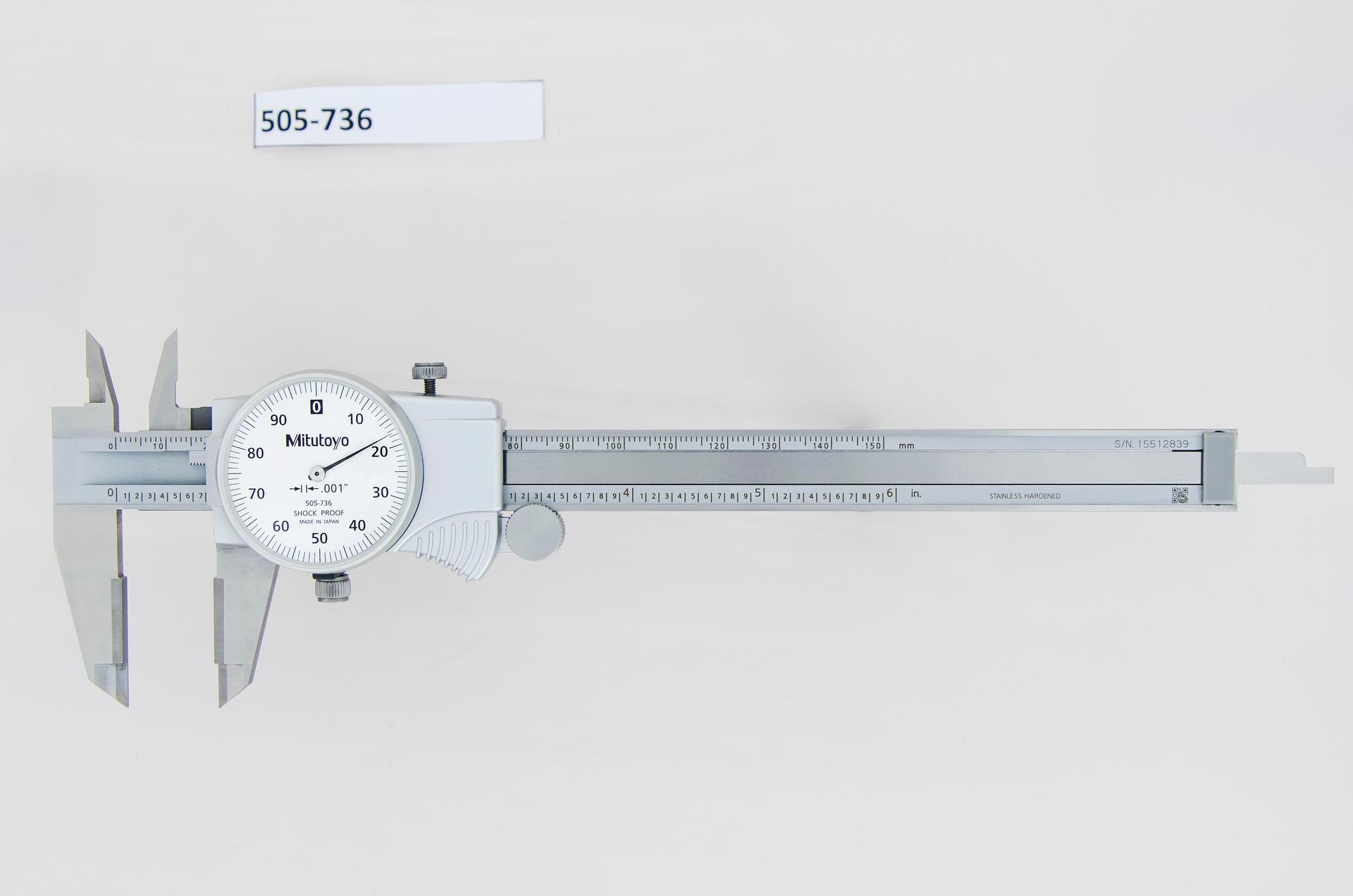 Mitutoyo, 505-736, 0-6 In, .001 In Dial Caliper, .1 In/Revolution, Carbide OD Jaws