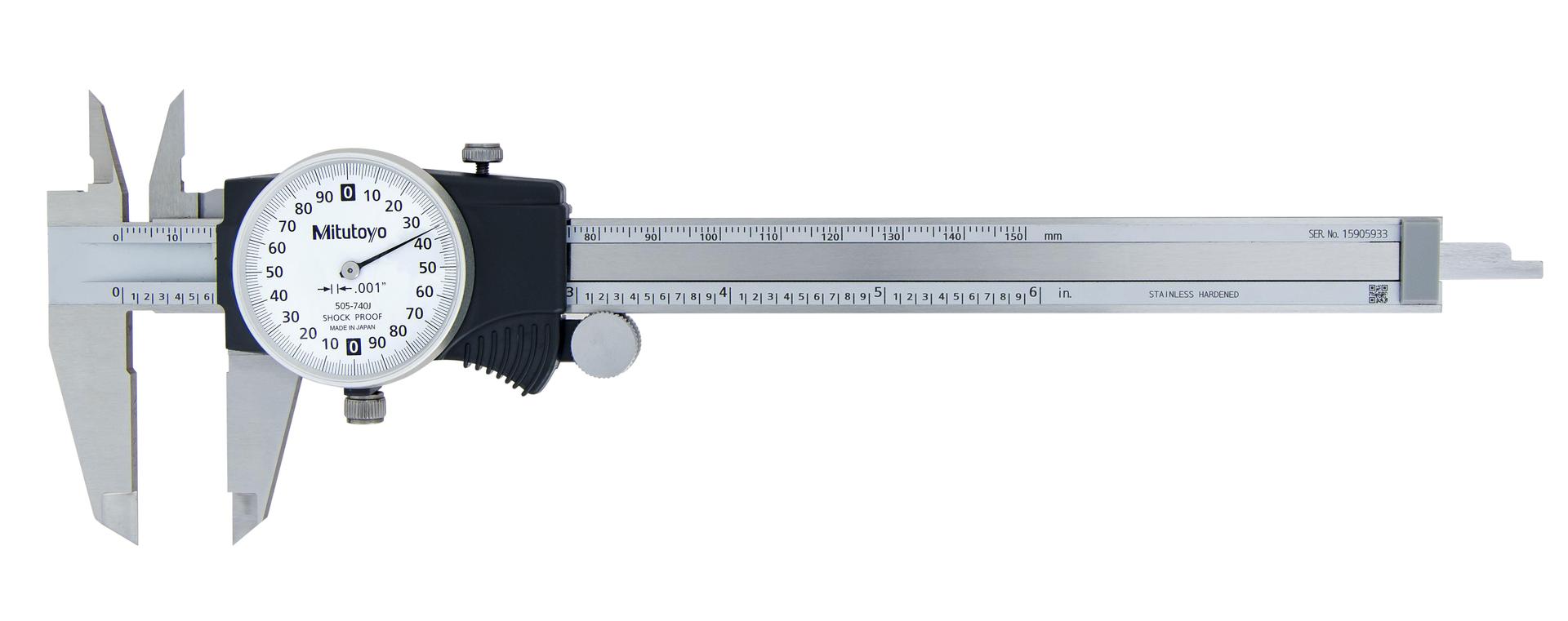 Mitutoyo, 505-740J, 0-6 In, .001 In Dial Caliper, .2 In/Revolution, White Face