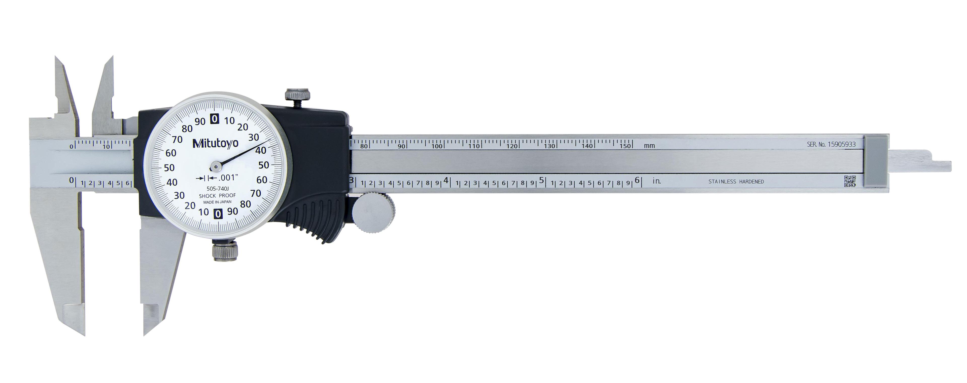 Mitutoyo, 505-740J, 0-6 In, .001 In Dial Caliper, .2 In/Revolution, White Face