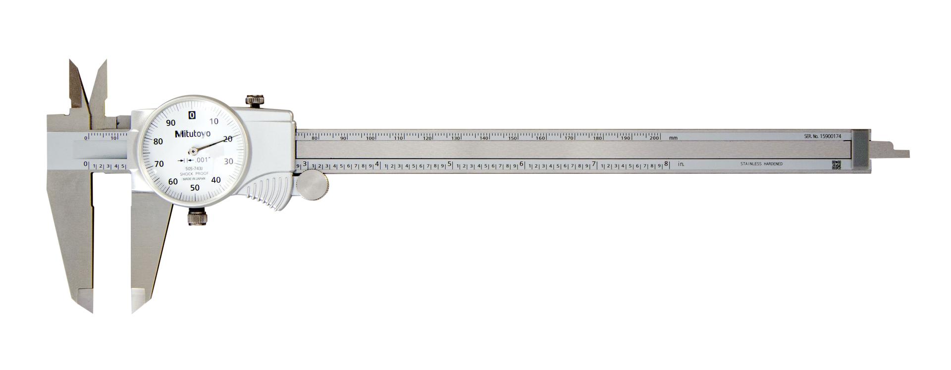 Mitutoyo, 505-743J, 0-8 In, .001 In Dial Caliper, .1 In/Revolution