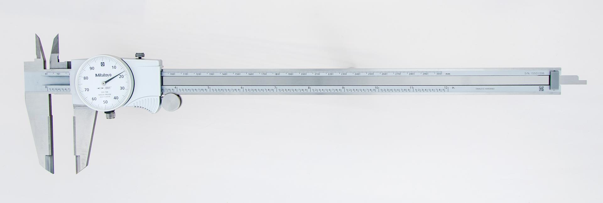 Mitutoyo, 505-748, 0-12 In, .001 In Dial Caliper, .1 In/Revolution, White Face, Carbide OD/ID Jaws