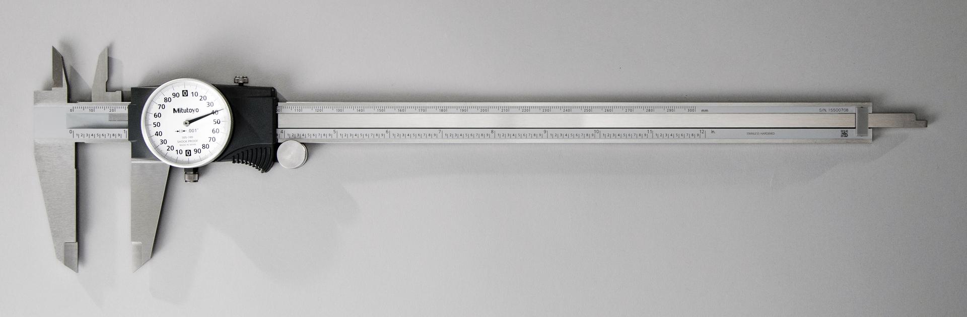 Mitutoyo, 505-749, 0-12 In, .001 In Dial Caliper, .2 In/Revolution, White Face