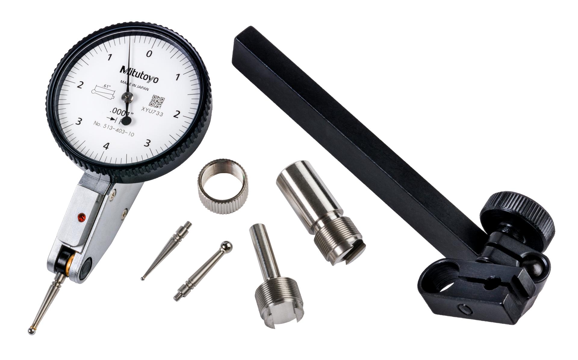 Mitutoyo, 513-403-10T, .0001 In, .008 In, Dial Test Indicator, Full Set, 0-4-0, 3/8 In/.157 In Stems, .079 In/.039 In/.118 In Contact Points, Clamp and Hold Bar, 15mm Length, Anti-Magnet, Jeweled Bearing