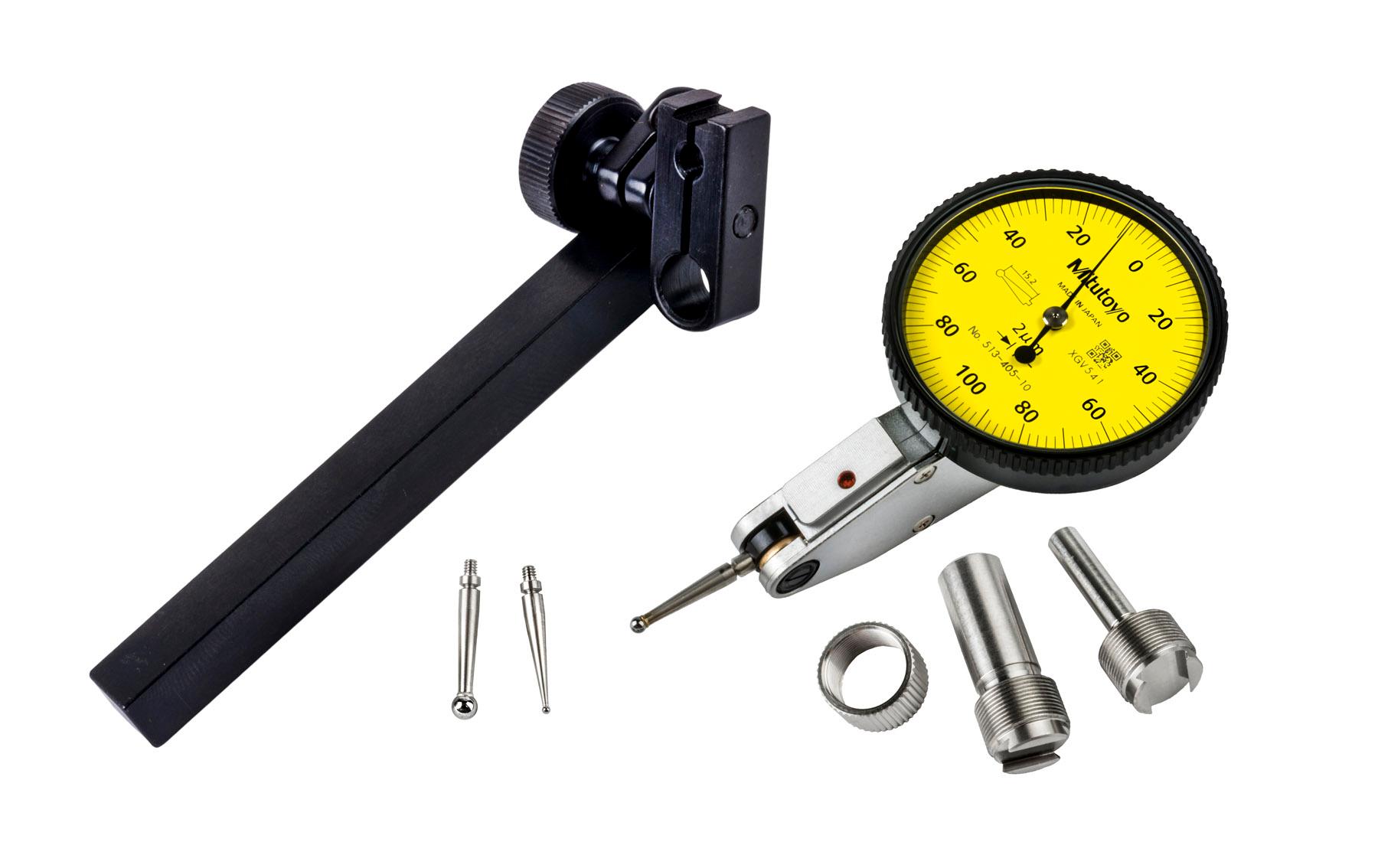 Mitutoyo, 513-405-10T, .002mm, .2mm, Dial Test Indicator, Basic Set , 0-100-0, 8/4mm Stems, 2/1/3mm Contact Points, Clamp and Hold Bar, 20.9mm Length, Anti-Magnet, Jeweled Bearing