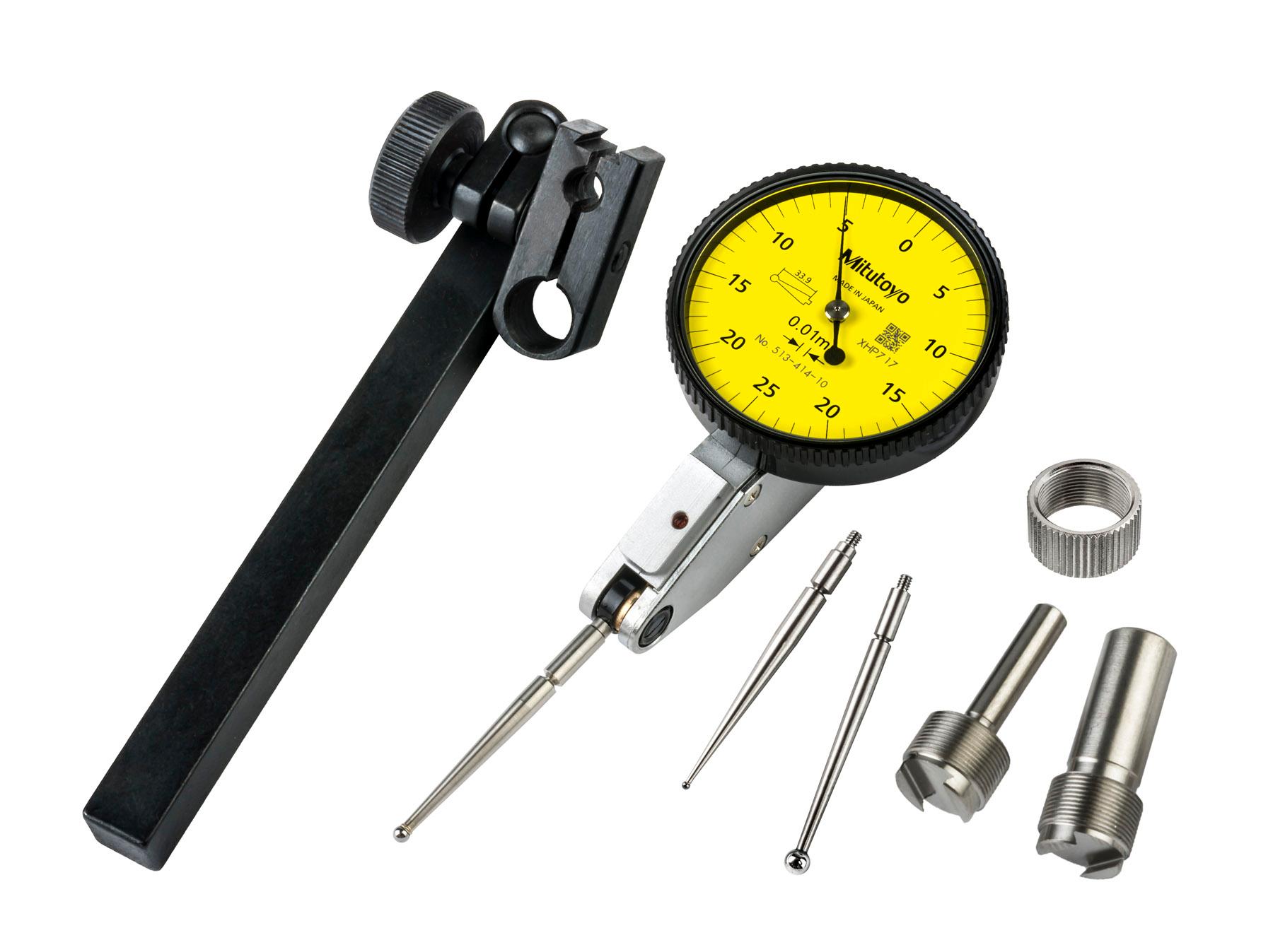 Mitutoyo, 513-414-10T, .01mm, .5mm, Dial Test Indicator, Basic Set , 0-25-0, 8/4mm Stems, 2/1/3mm Contact Points, Clamp and Hold Bar, 36.8mm Length, Anti-Magnet, Jeweled Bearing, Long Contact Point, Double Scale