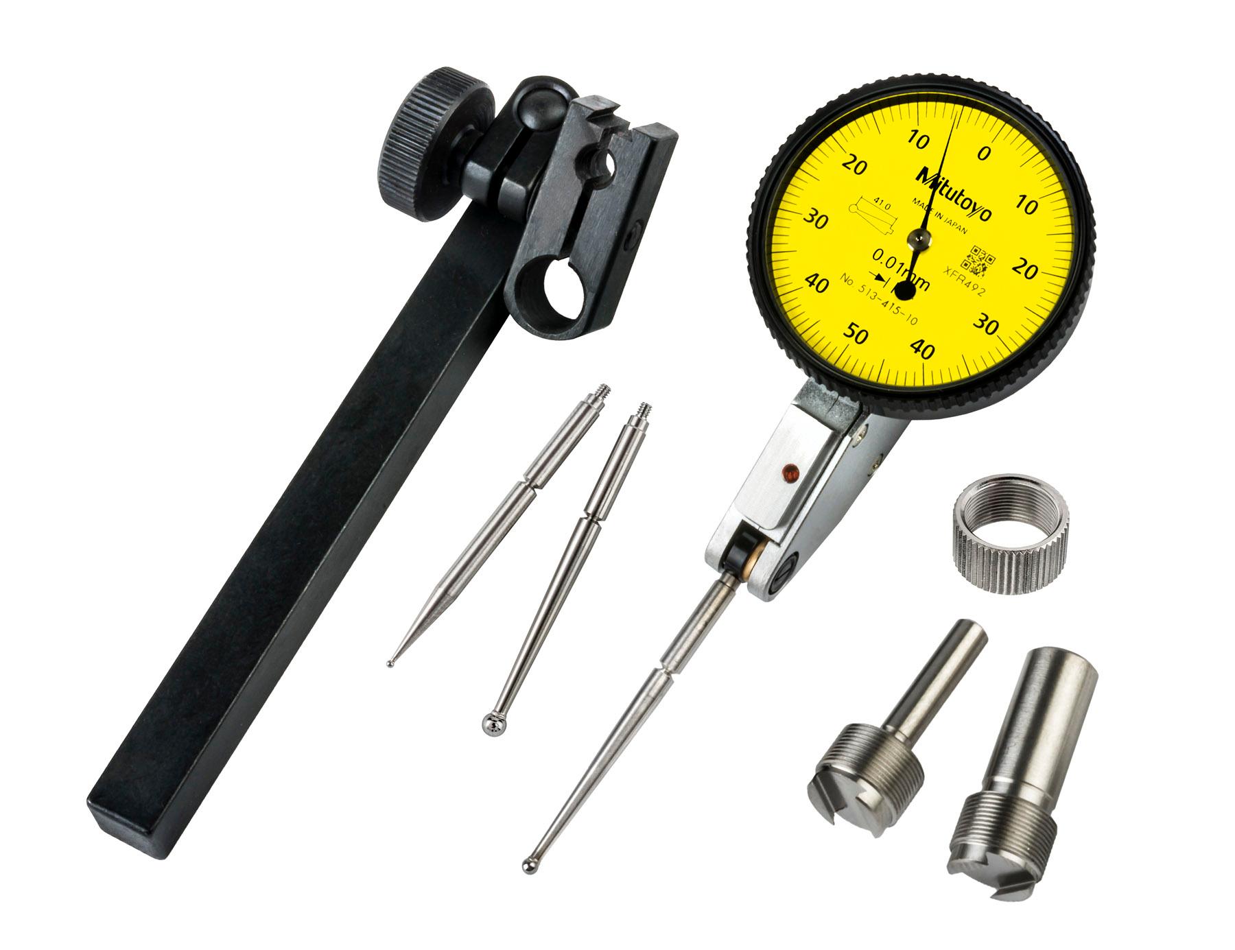 Mitutoyo, 513-415-10T, .01mm, 1mm, Dial Test Indicator, Basic Set , 0-50-0, 8/4mm Stems, 2/1/3mm Contact Points, Clamp and Hold Bar, 44.5mm Length, Anti-Magnet, Jeweled Bearing, Long Contact Point