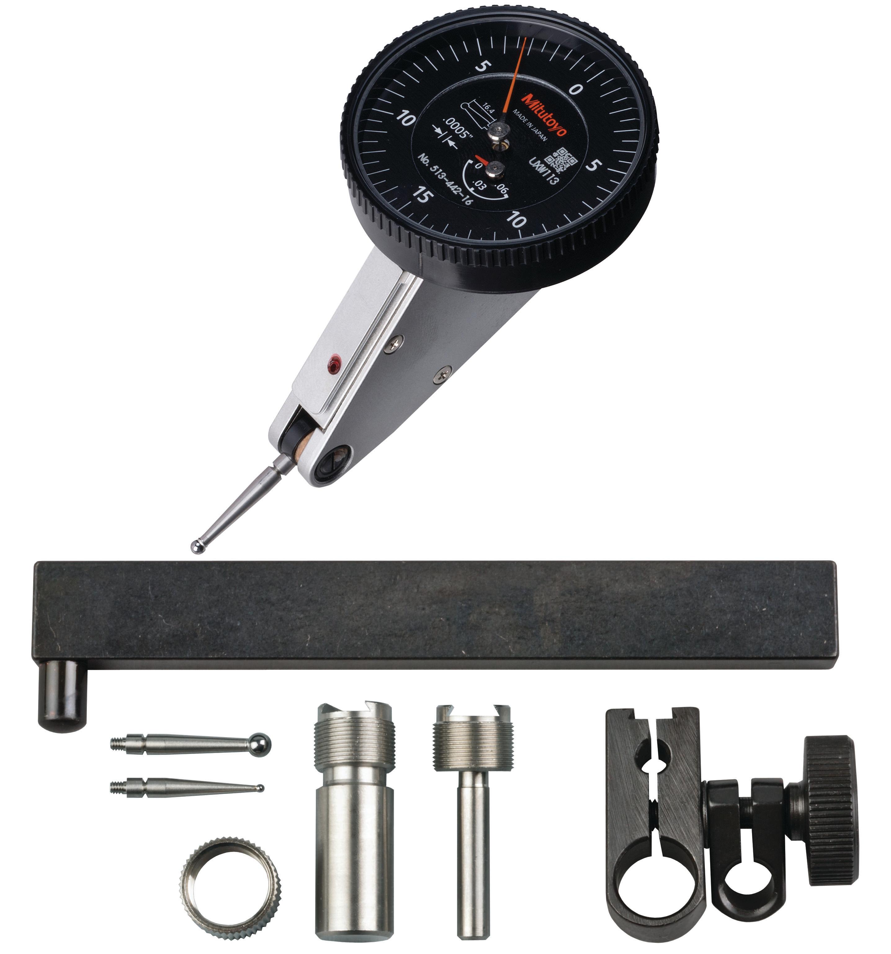 Mitutoyo, 513-442-16T, .0005 In, .06 In, Dial Test Indicator, 20 Degree Tilted Face, Full Set, 0-15-0, 3/8 In/.157 In Stems, .079 In/.039 In/.118 In Contact Points, Clamp and Hold Bar, 19.9mm Length, Anti-Magnet, Jeweled Bearing, Rev Counter, Black Dial