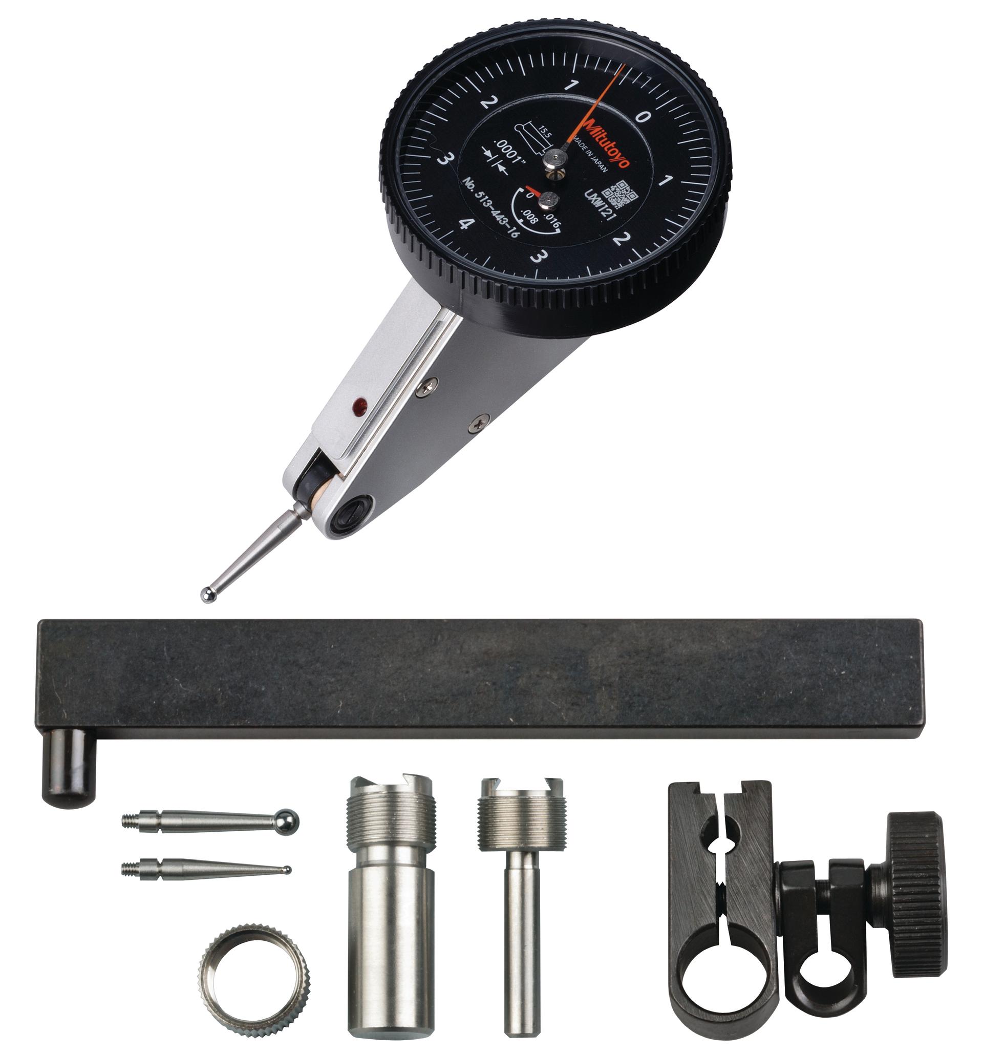 Mitutoyo, 513-443-16T, .0001 In, .16 In, Dial Test Indicator, 20 Degree Tilted Face, Full Set, 0-4-0, 3/8 In/.157 In Stems, .079 In/.039 In/.118 In Contact Points, Clamp and Hold Bar, 15mm Length, Anti-Magnet, Jeweled Bearing, Rev Counter, Black Dial