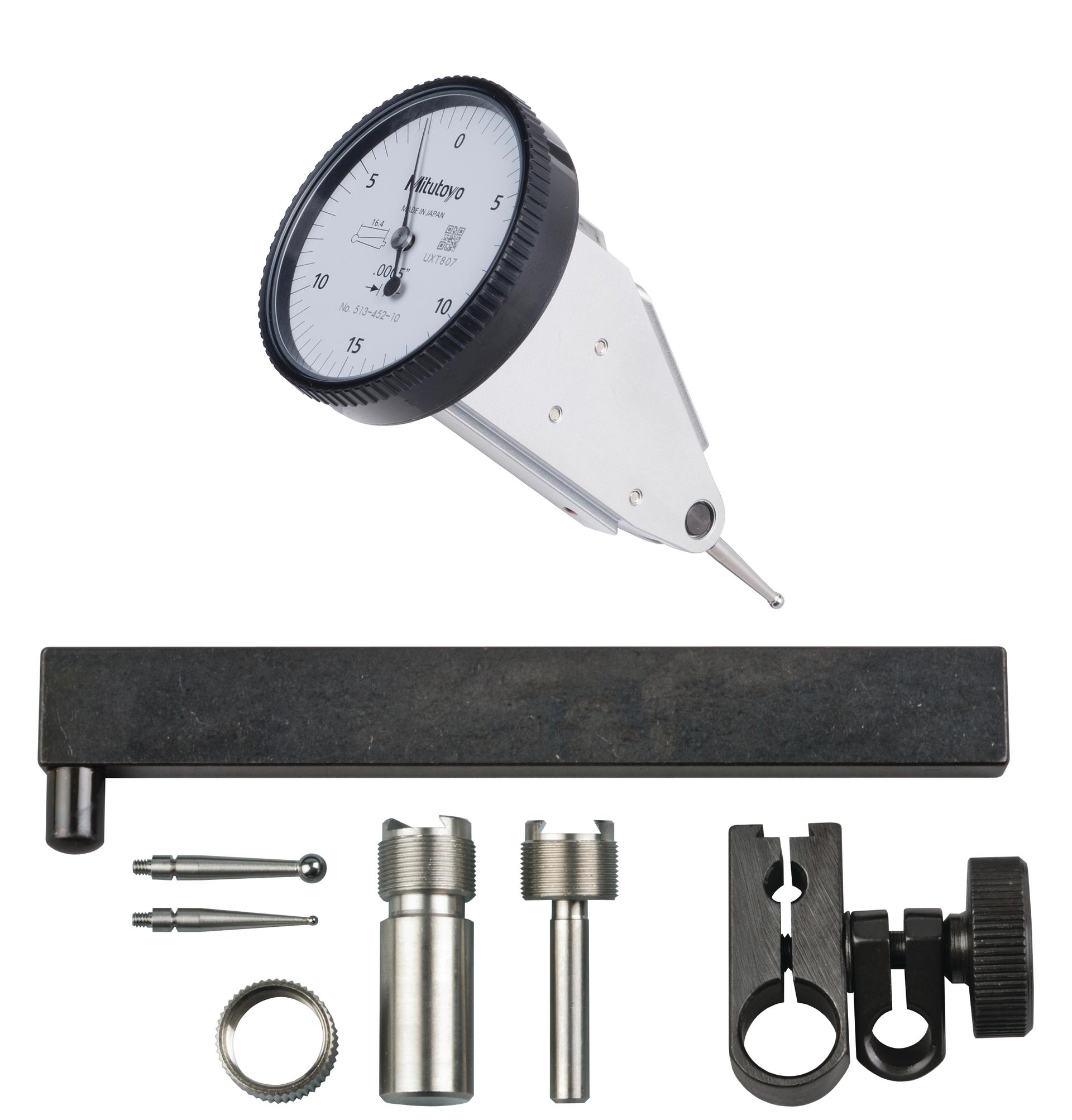 Mitutoyo, 513-452-10T, .0005 In, .03 In, Dial Test Indicator, Vertical, Full Set, 0-15-0, 3/8 In/.157 In Stems, .079 In/.039 In/.118 In Contact Points, Clamp and Hold Bar, 19.9mm Length, Anti-Magnet, Jeweled Bearing