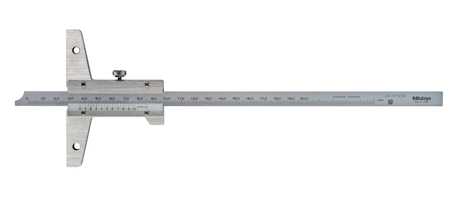 Mitutoyo, 527-202, vernier depth gage, 0-200mm range, .05mm vernier reading, .05mm accuracy, 260g mass