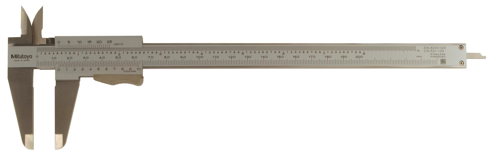 Mitutoyo, 531-129, 0-200mm/0-8 In, .02mm/.001 In, Vernier Caliper, Thumb Clamp, High Accuracy, Dual Scale