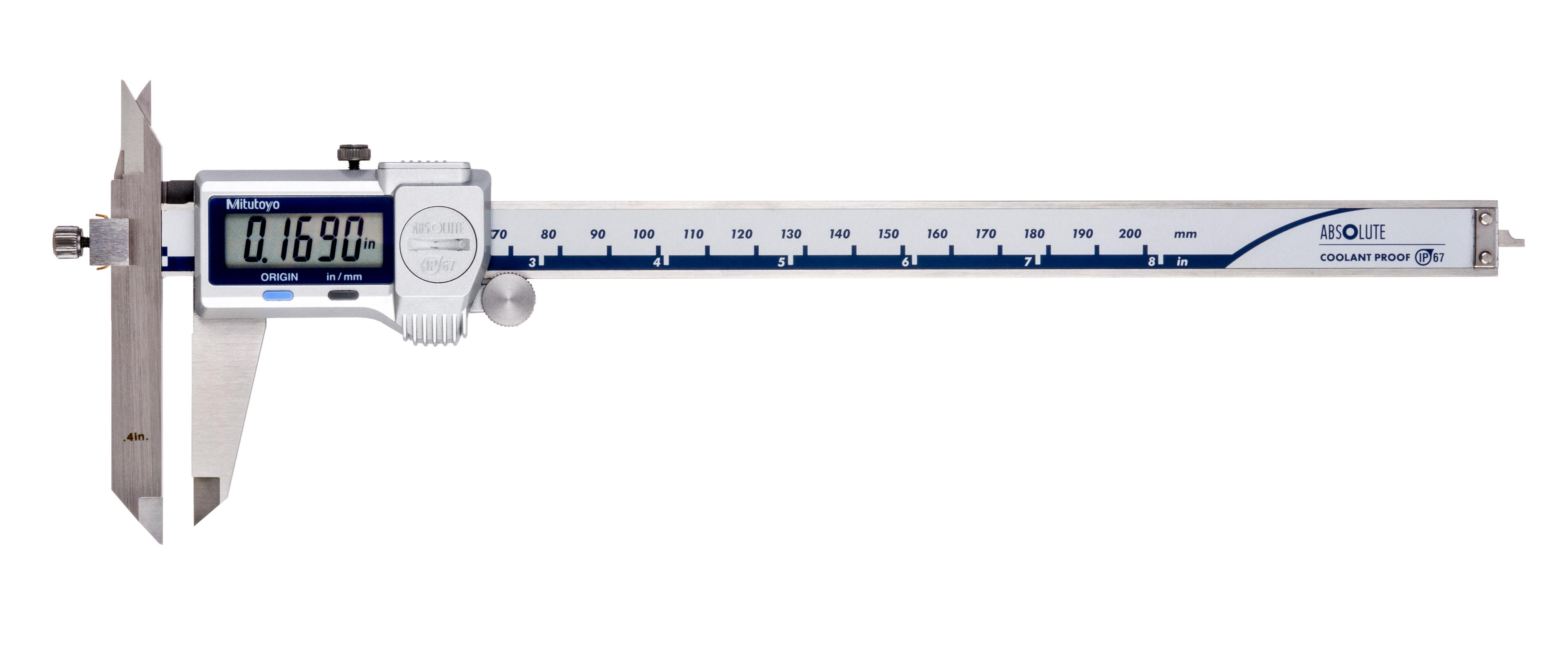 Mitutoyo, 573-702-20, 0-8 In/200mm, .0005 In/0.01mm, IP67 ABSOLUTE Digimatic  Offset Caliper, With SPC Data Output