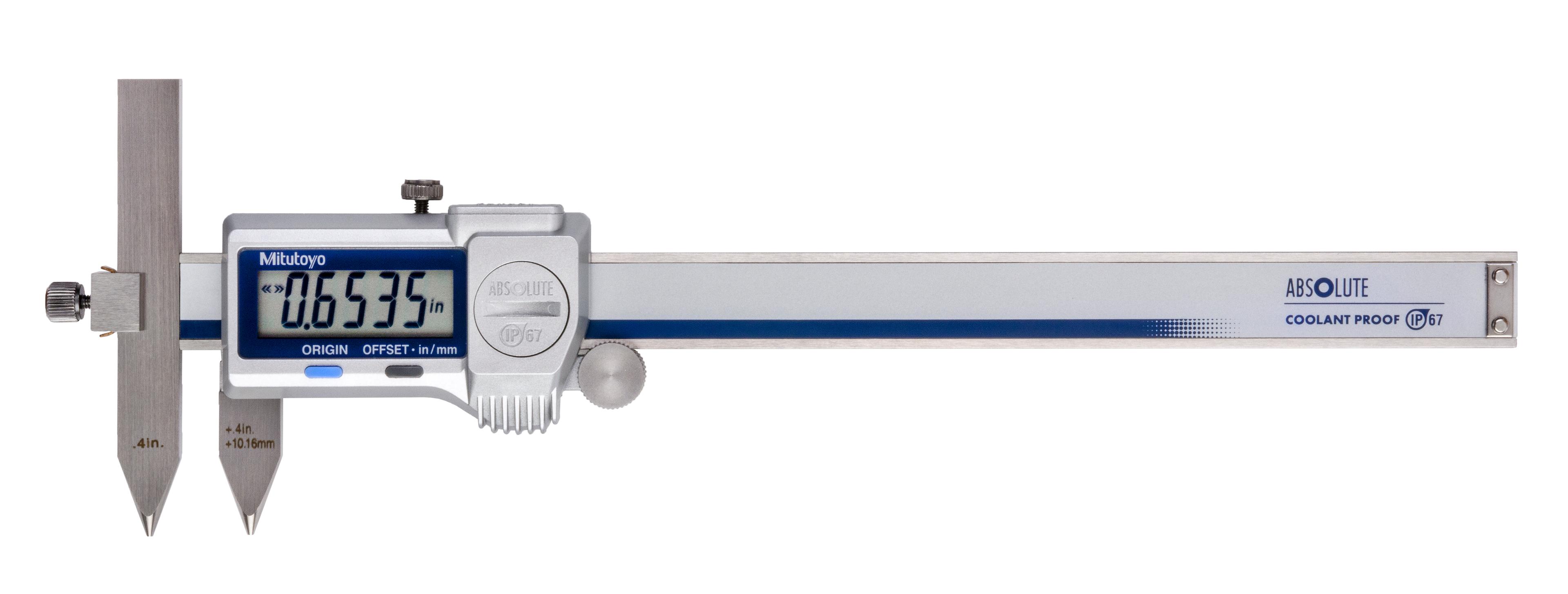Mitutoyo, 573-705-20, Offset Centerline Caliper, digital model, .4-6 In/10-150mm, .0015 In accuracy, .0005 In/.01mm resolution, 157g