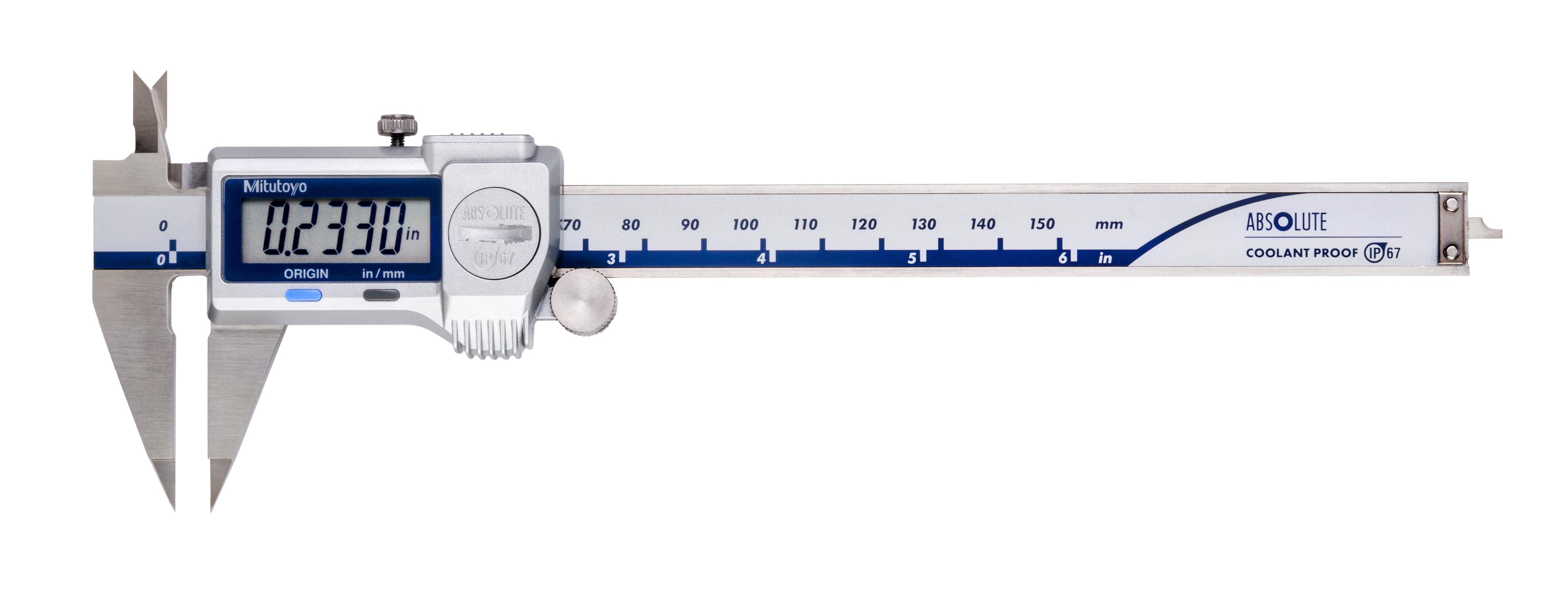 Mitutoyo, 573-721-20, 0-6 In/150mm, .0005 In/0.01mm, IP67 ABSOLUTE Digimatic  Point Caliper, With SPC Data Output