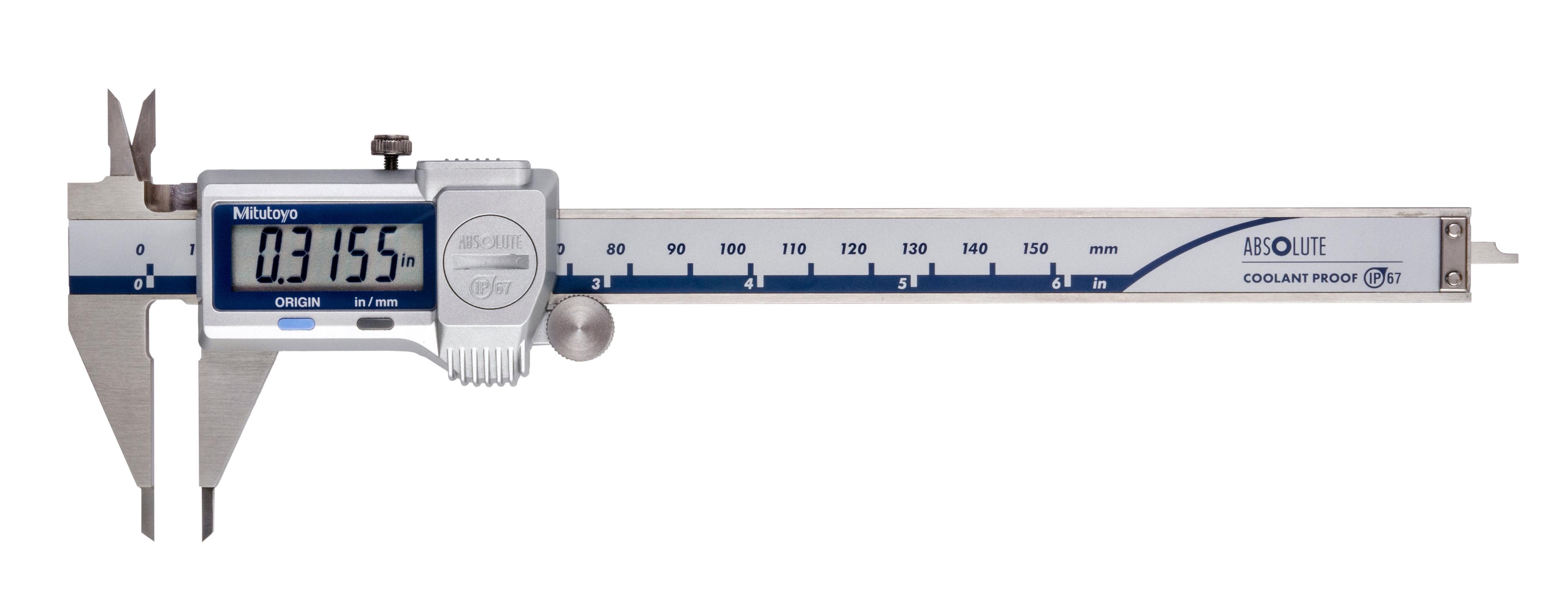 Mitutoyo, 573-725-20, CALIPER, DIGIMATIC, 6 IN, COOLANT PROOF, SPECIAL-POINT, W/ THUMB ROLLER