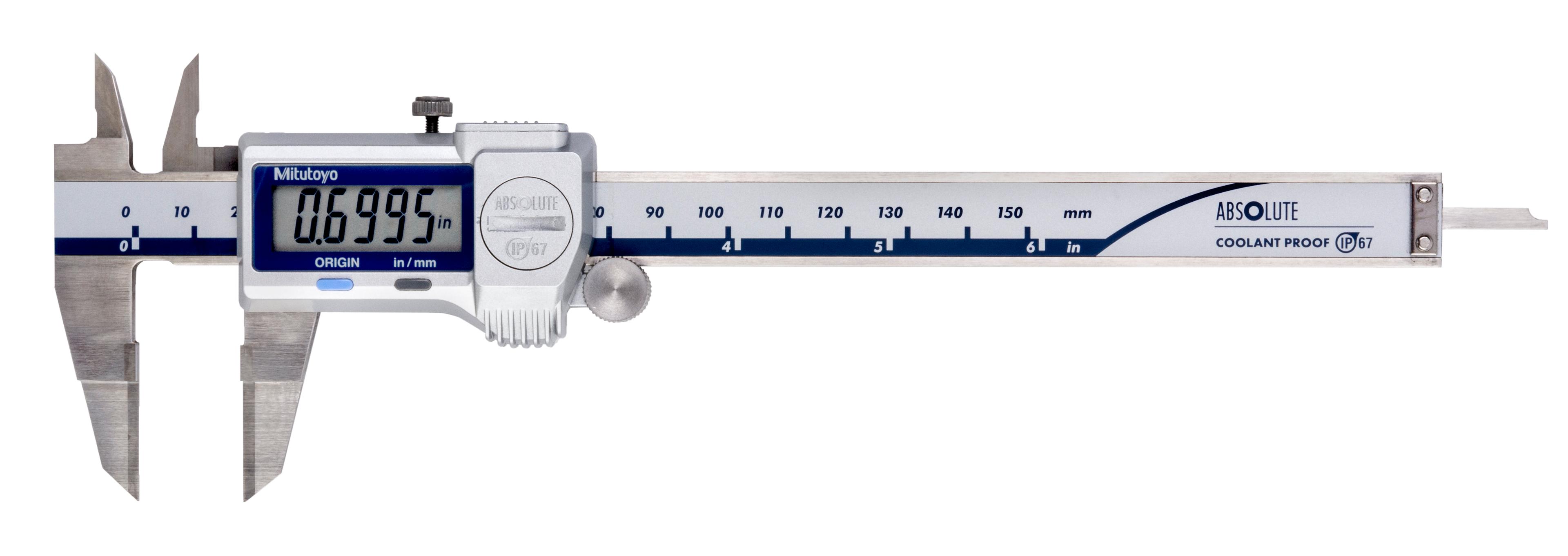 Mitutoyo, 573-734-20, 0-6 In/150mm, .0005 In/0.01mm, IP67 ABSOLUTE Digimatic  Blade Caliper, With SPC Data Output