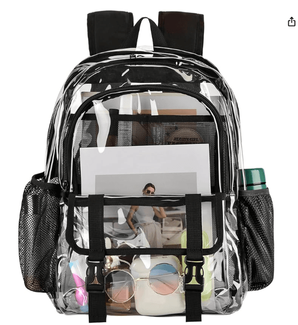 ASIN B0BRVPDK9C, 6(H)*12(L)*17(W)inch, BLACK, CLEAR BACKPACK, NO MODEL NUMBER