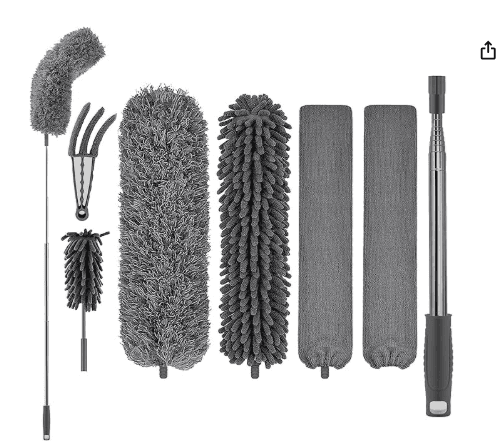 F-02, FUUNSOO, 30-100 Inch LENGTHS, STAINLESS STEEL, POLYESTER, 6 EXTENSIONS, PLUS HANDLE, ASIN: B0915YP9JS, HANDLE WITH DUSTERS