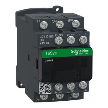 SCHNEIDER, LC1D186BD, IEC CONTACTOR, 18A, 10HP AT 480VAC, 3 NO, 24VDC COIL, OPEN, 0.6KG