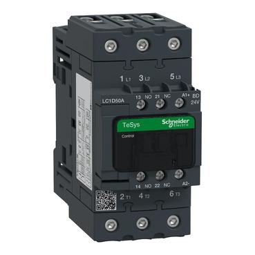 SCHNEIDER, LC1D50ABD, IEC CONTACTOR, 50A, 40HP AT 480VAC,3 NO, 24VDC COIL, OPEN, 2KG