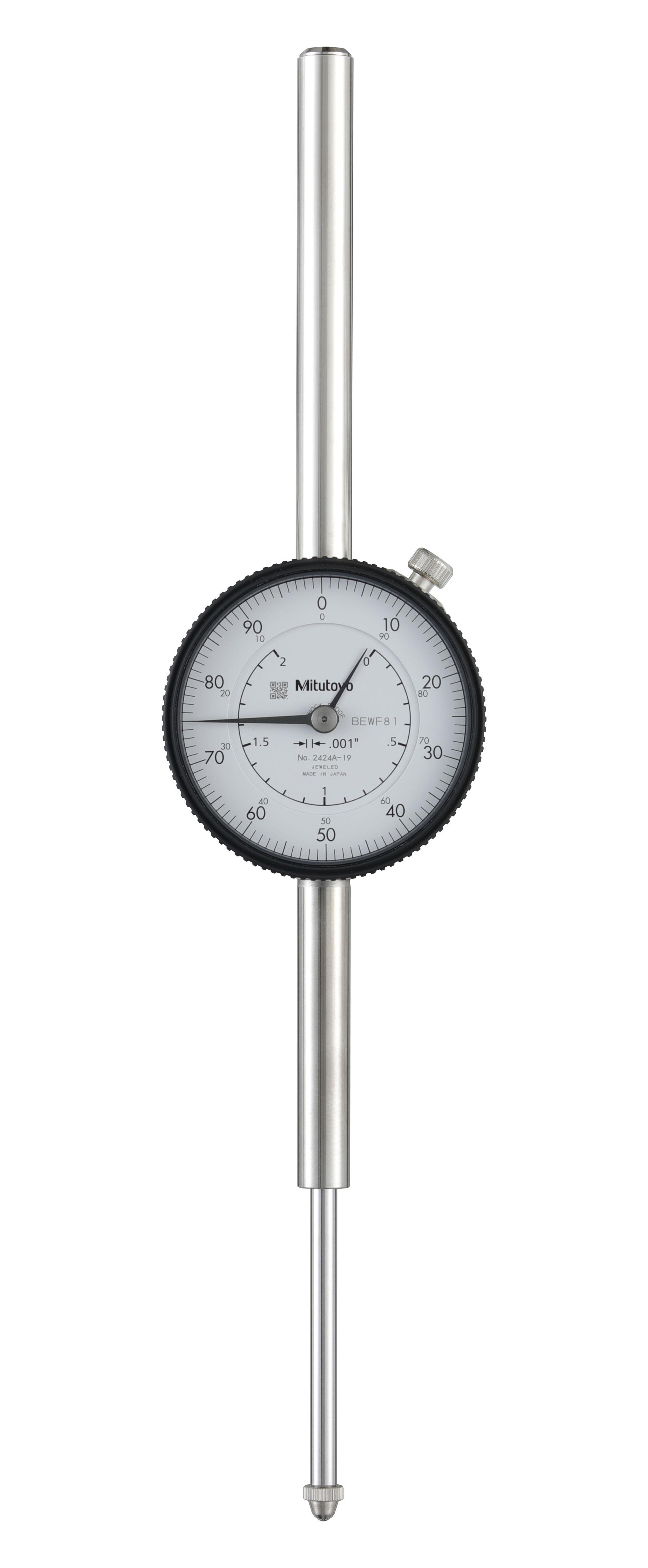Mitutoyo, 2424A-19, .001 In, 2 In/(1 In per rev), Dial Indicator, 0-100, Lug Back, 3/8 In stem, Series 2, Shockproof, Jeweled